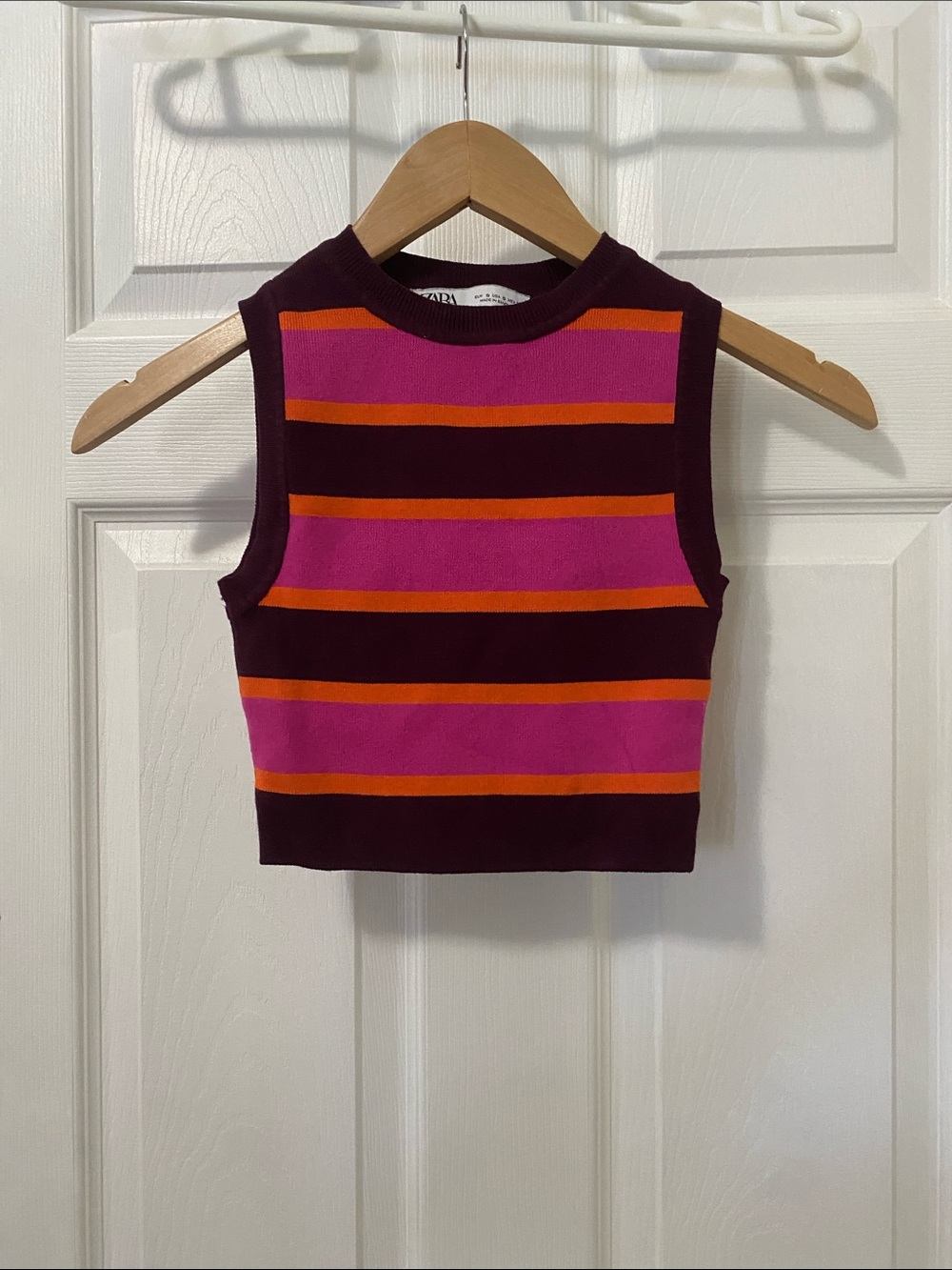 ZARA Striped Sleeveless Knit Crop Top - Fuchsia, Orange & Deep Plum